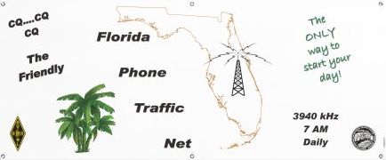 Our new official FPTN banner with a white background, outline of Florida, a tower superimposed over the state, and palm trees in the Gulf of Mexico. The words CQ, CQ, CQ the Friendly Florida Phone Traffic Net and The Only way to start your day are also displayed.